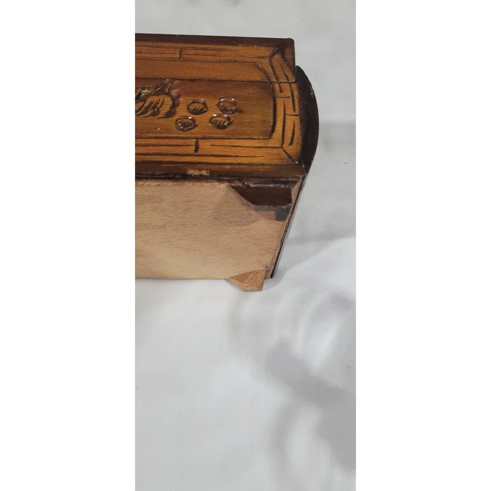 Vintage 1960's Wooden jewelry box with carved Asian Motifs